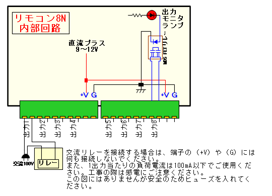受信機に交流100Vリレー接続図